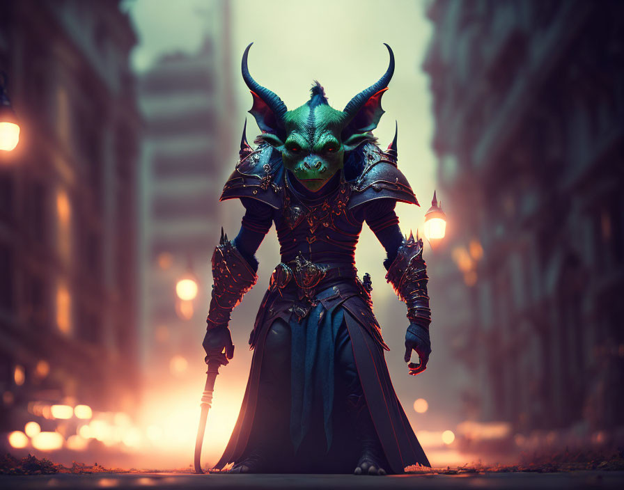 Green-skinned horned creature in black armor wields sword in dark street