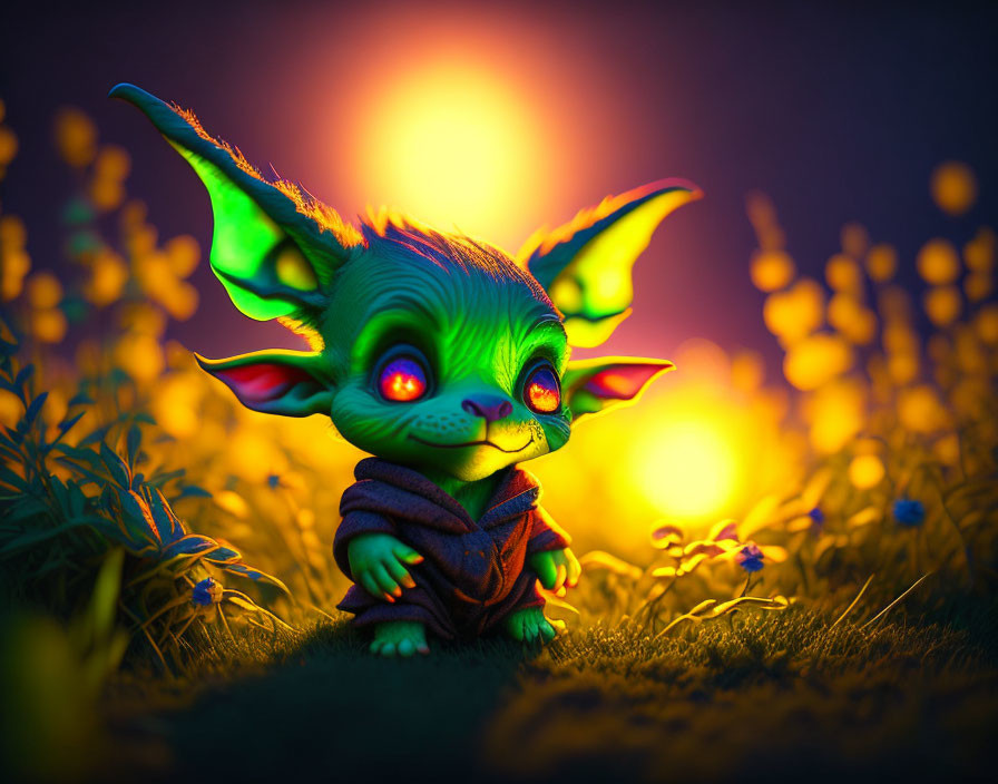 Fantasy creature with large ears and eyes in enchanting sunset scene