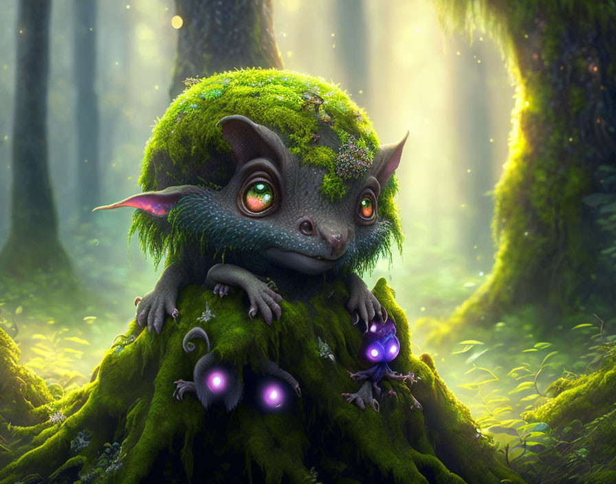Moss-Covered Creature with Green Eyes in Enchanted Forest