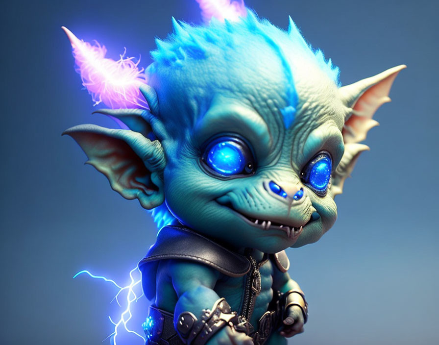 Blue creature with large ears in leather jacket and pink flames - 3D illustration