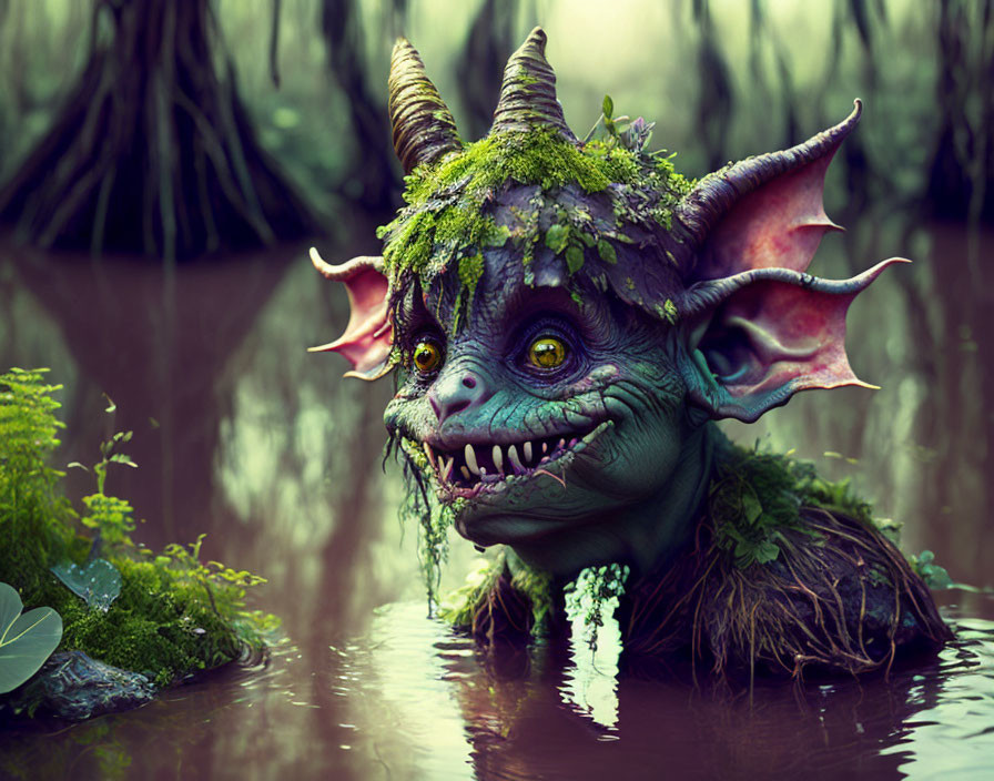 Fantastical creature with horns and elongated ears in swampy water surrounded by greenery