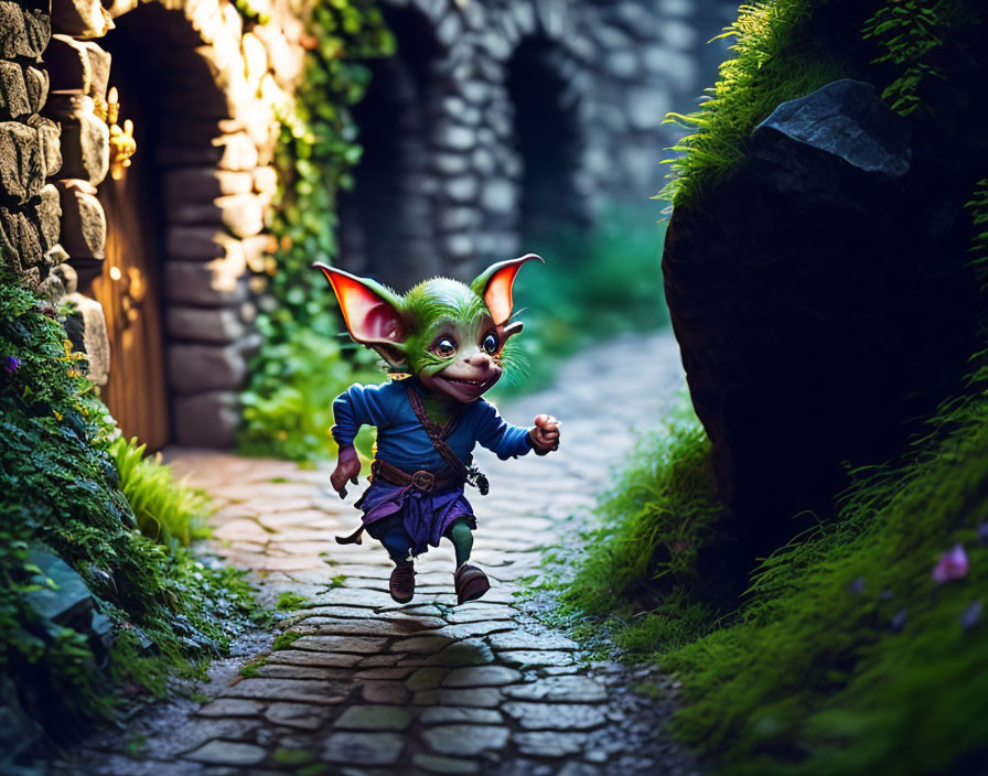 Whimsical animated character in sunlit alley with stone walls