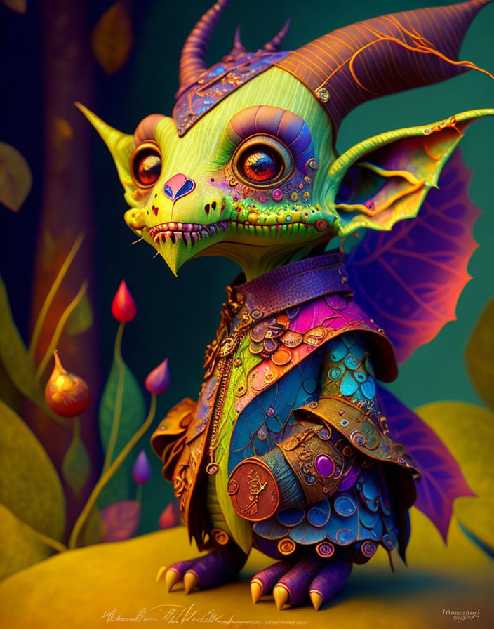 Fantasy creature with bat-like wings and ornate armor in whimsical setting