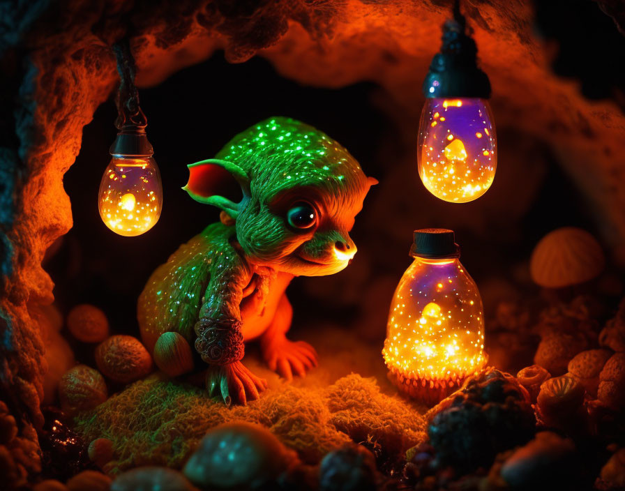 Whimsical green creature with expressive eyes in cozy cave with fantasy lanterns