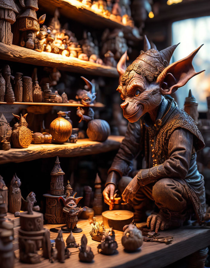 Fantasy goblin figurine surrounded by magical wooden creatures and items