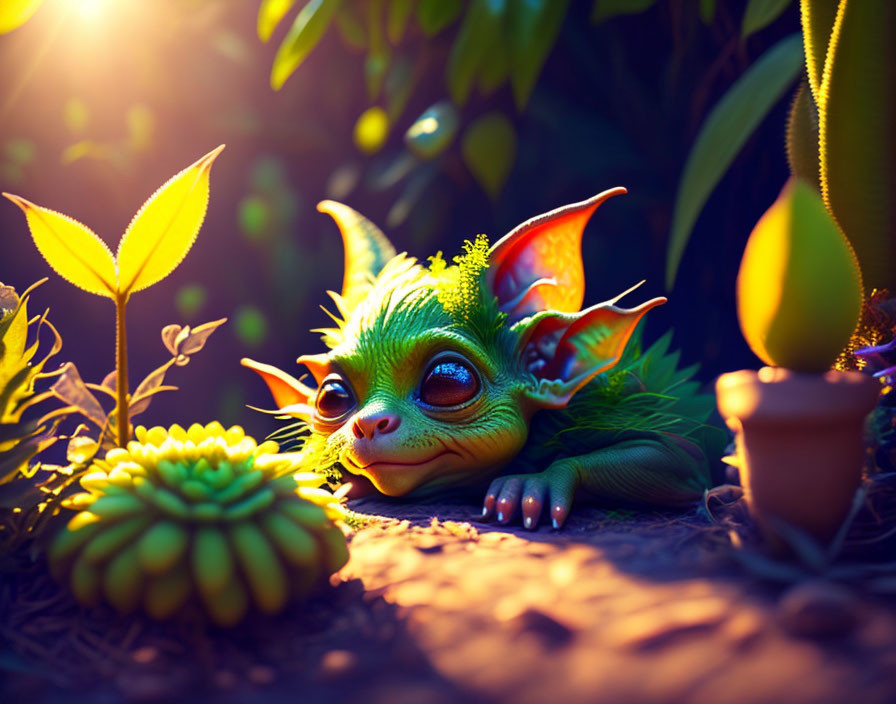 Green creature with large ears peeking from foliage in sunlight