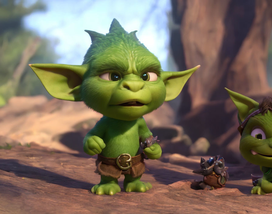 Animated green troll with large ears and companions.