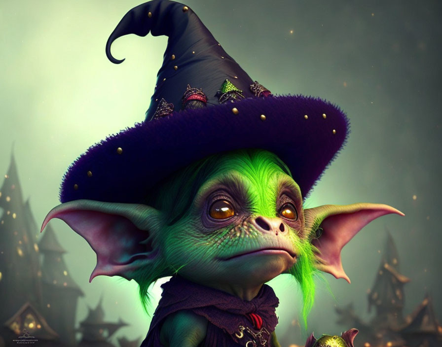 Whimsical green creature with wizard hat in magical castle setting