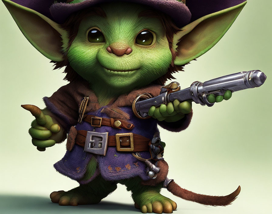 Green-skinned character in purple hat and cloak wields gun and carrot sword