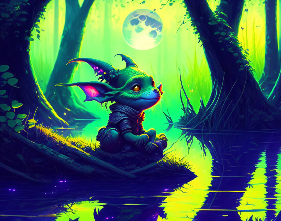 Whimsical creature in moonlit forest with vibrant colors
