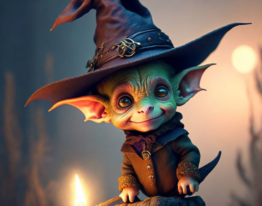 Whimsical green-skinned creature in witch's hat with large ears and candle