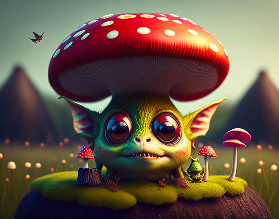 Colorful Illustration: Green Creature, Red Mushroom, Miniature World