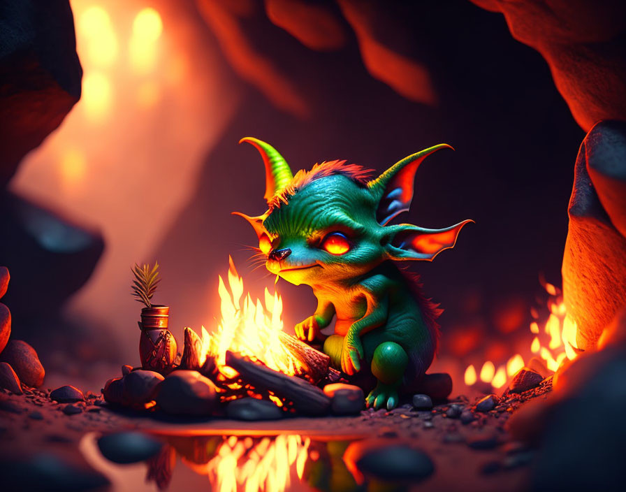 Green creature with large ears and orange spikes at campfire in rocky enclave
