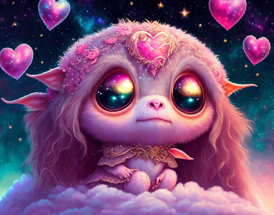 Fantastical creature surrounded by hearts and stars on cosmic background