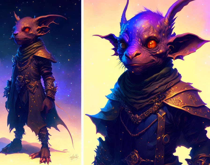 Fantasy creature with large ears and red eyes in elegant dark attire under purple starry sky