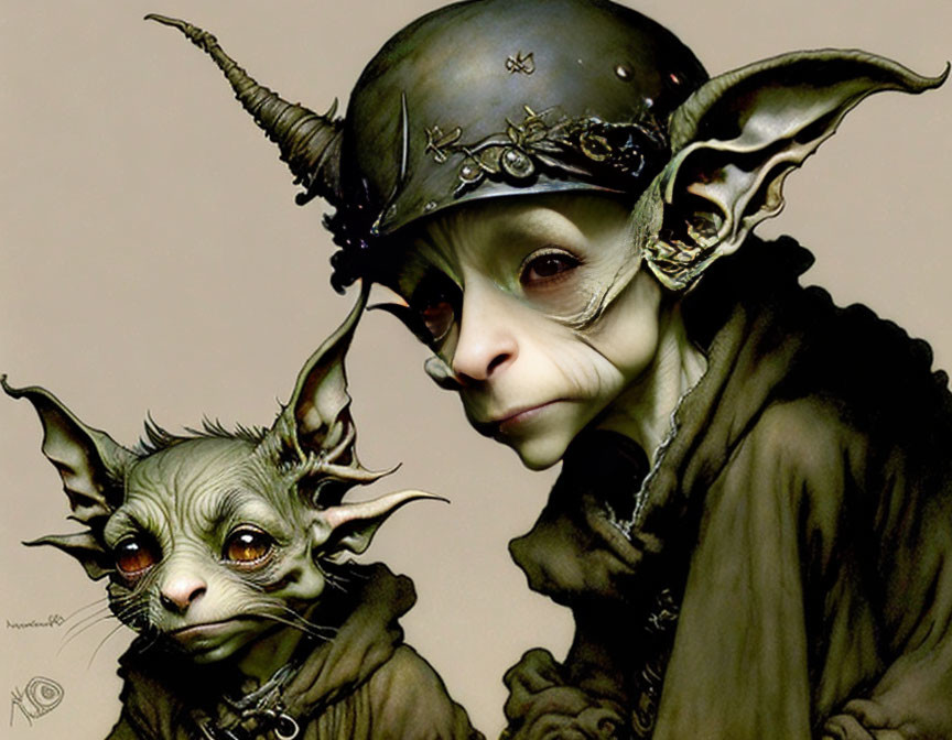 Fantasy creatures with large ears in medieval helmets staring curiously.