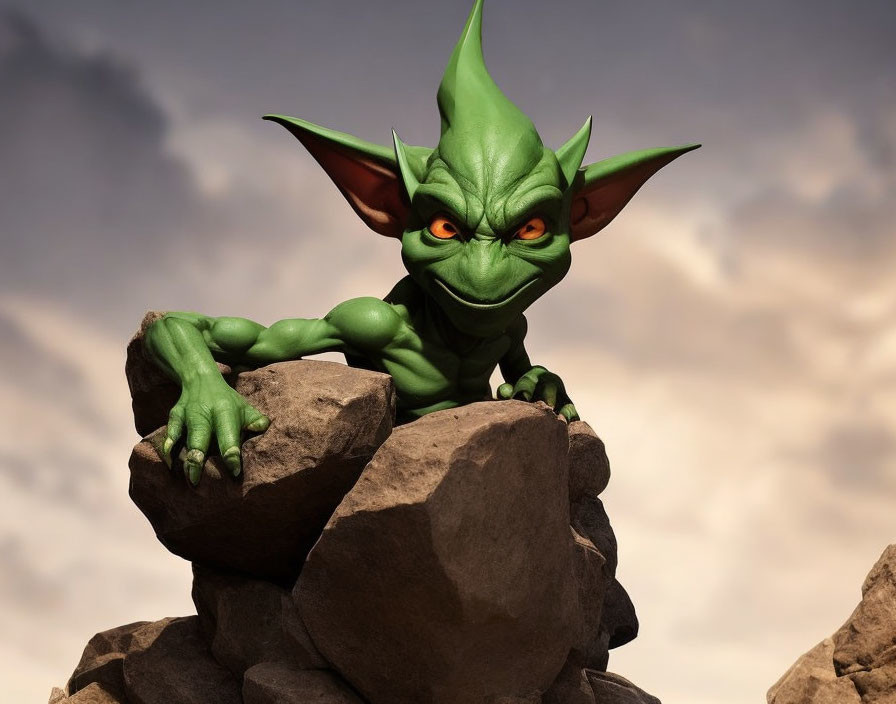 Green impish creature with pointed ears on rocks under cloudy sky