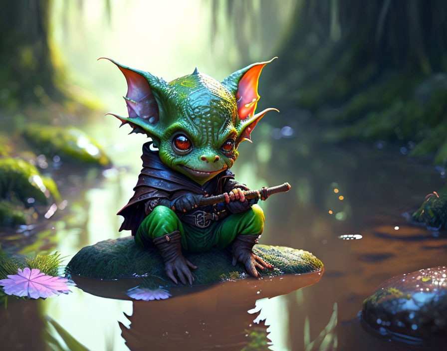 Green creature with flute in mystical forest ambiance