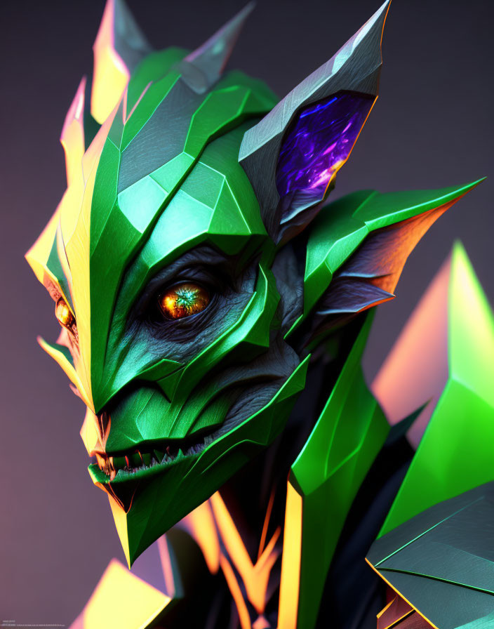 Stylized geometric dragon head with vivid green palette and glowing orange eye