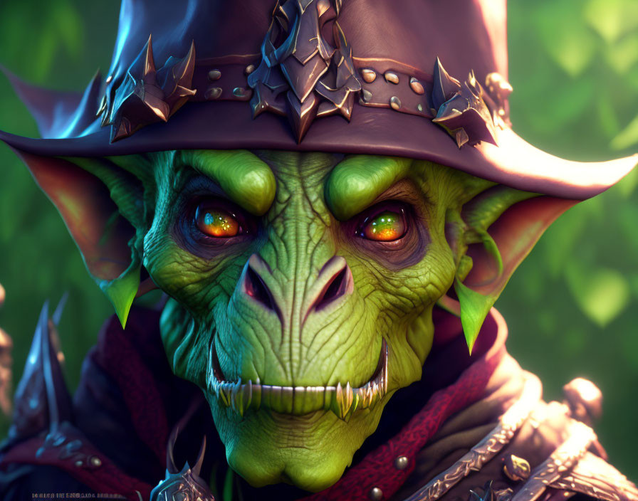 Detailed 3D Rendering of Green Goblin-Like Creature with Sharp Ears and Spiked Leather Armor
