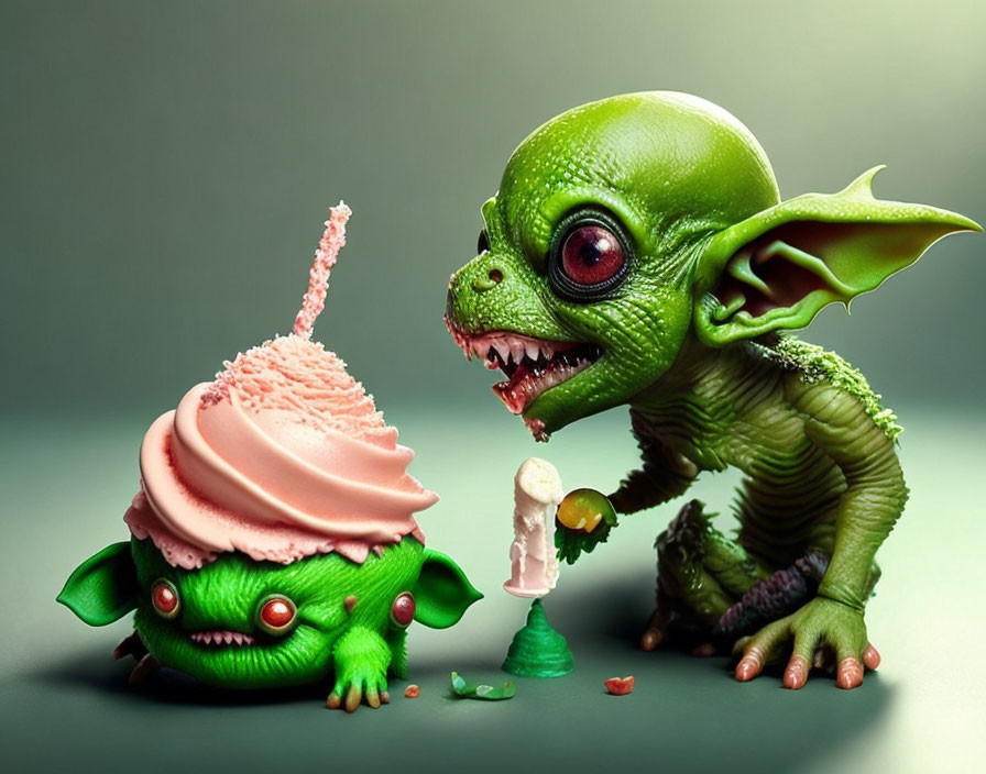 Whimsical green baby dragon meets cupcake creature with icing