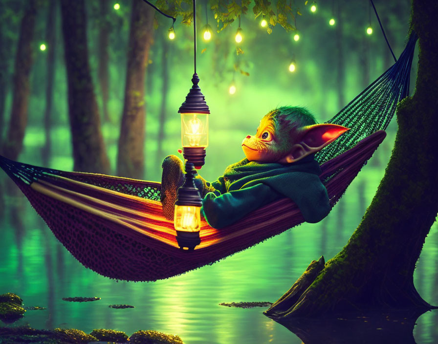 Fantasy creature in hammock under starry sky in enchanted forest