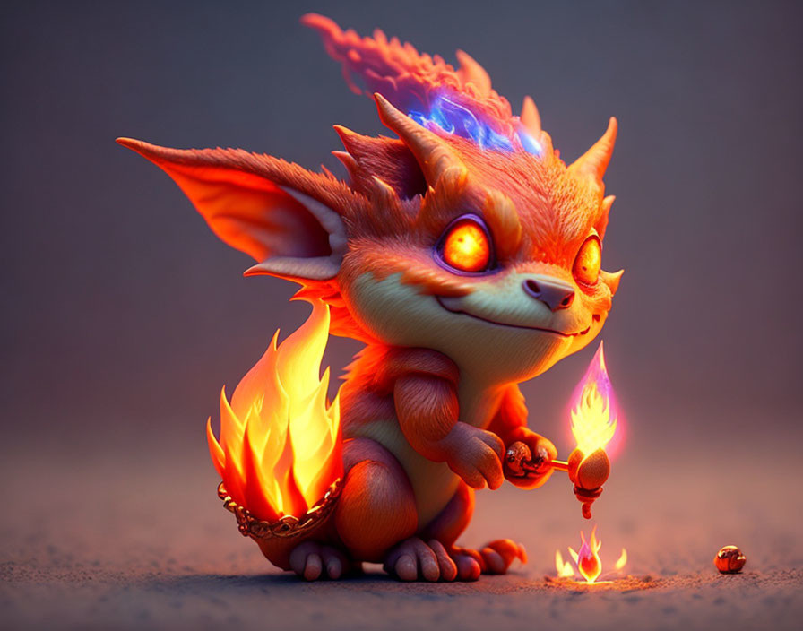 Fiery orange creature with large ears and bright eyes holding a small flame next to a chained, sm