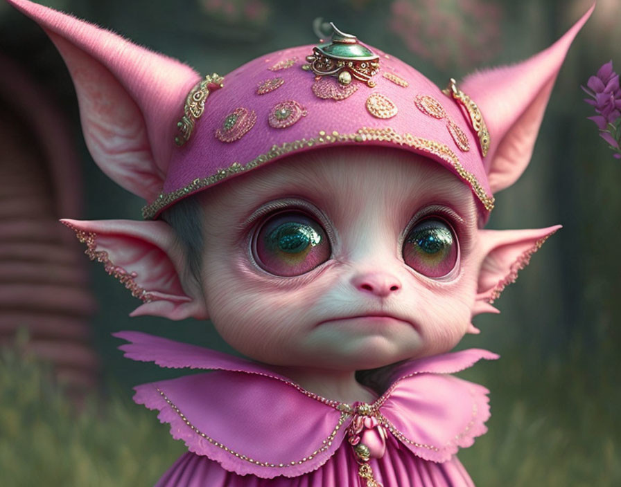 Whimsical creature with large green eyes and pointed ears in pink outfit and decorated hat