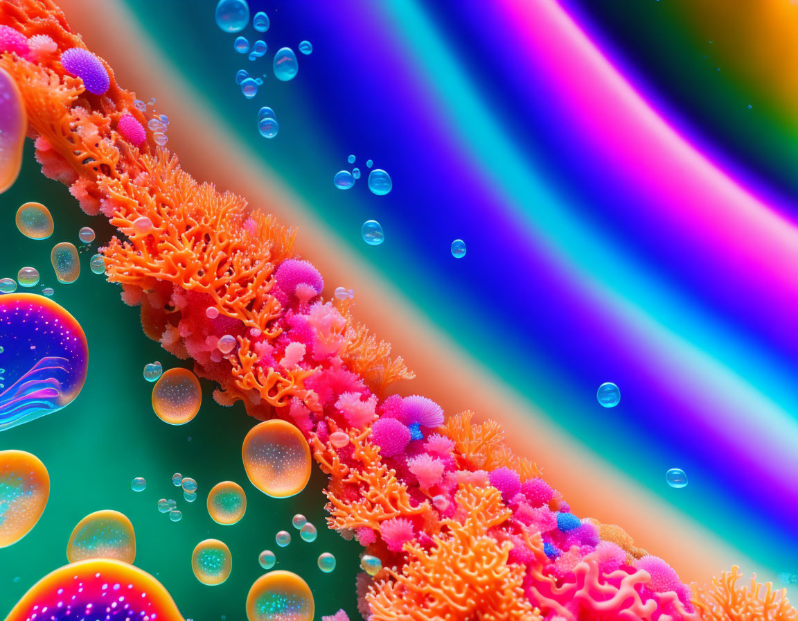 Neon coral structures with bubbles and jellyfish in vibrant digital artwork