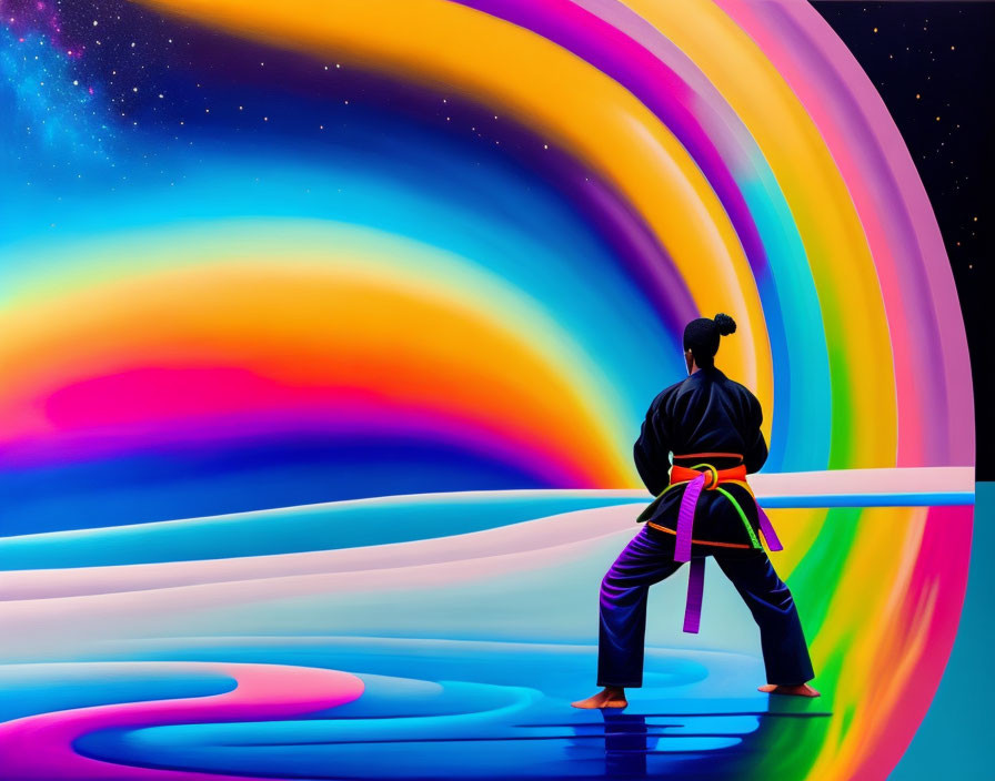 Martial arts practitioner in multicolored belt against vibrant rainbow backdrop