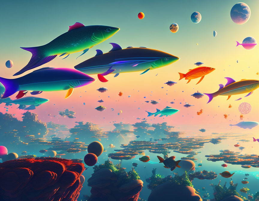 Vibrant Fish in Surreal Landscape with Floating Islands
