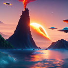 Futuristic UFOs over serene ocean and mountains at twilight