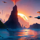Erupting volcano, high waves, floating islands, UFOs in futuristic sci-fi landscape