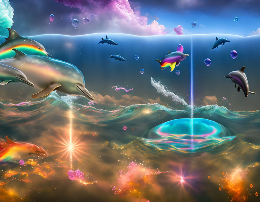 Vibrant dolphins in fantasy sea with glowing whirlpool & starry sky