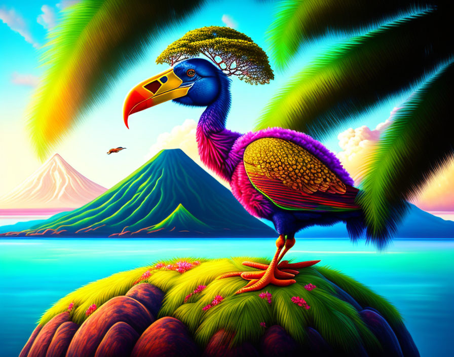 Colorful surreal artwork: Toucan-like bird with tree on back, volcanoes, sea.