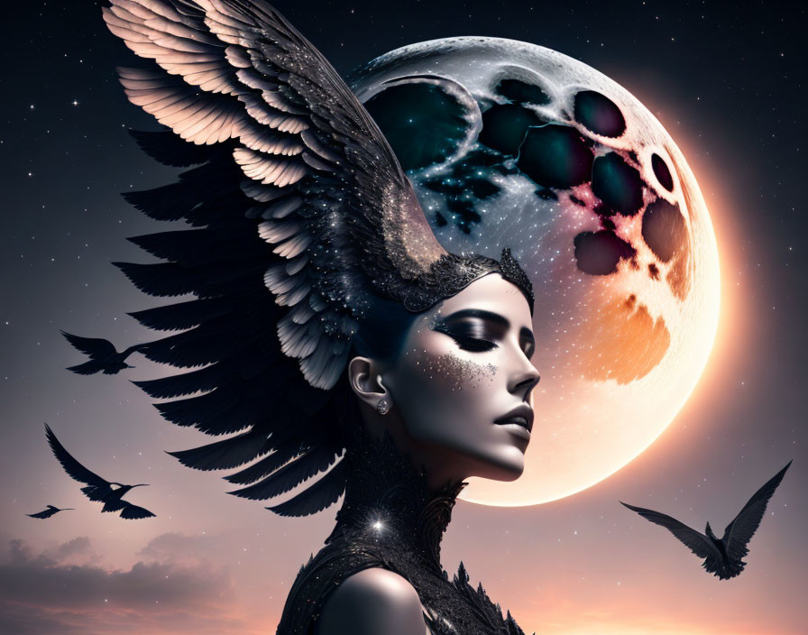 Surreal image: Woman with winged headgear, birds, fantastical moon in starry