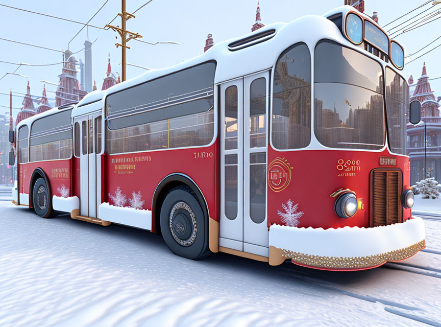 Vintage Red Trolleybus in Snowy Cityscape with Holiday Decorations