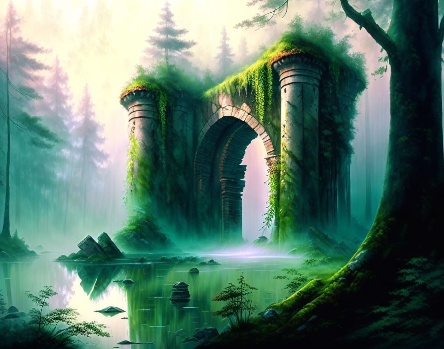 Ethereal forest scene: moss-covered stone archway, misty lake, lush greenery