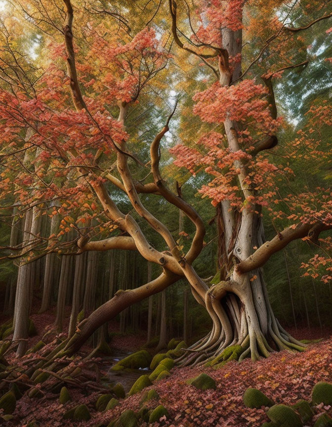 Majestic tree with twisting branches and orange leaves in lush forest