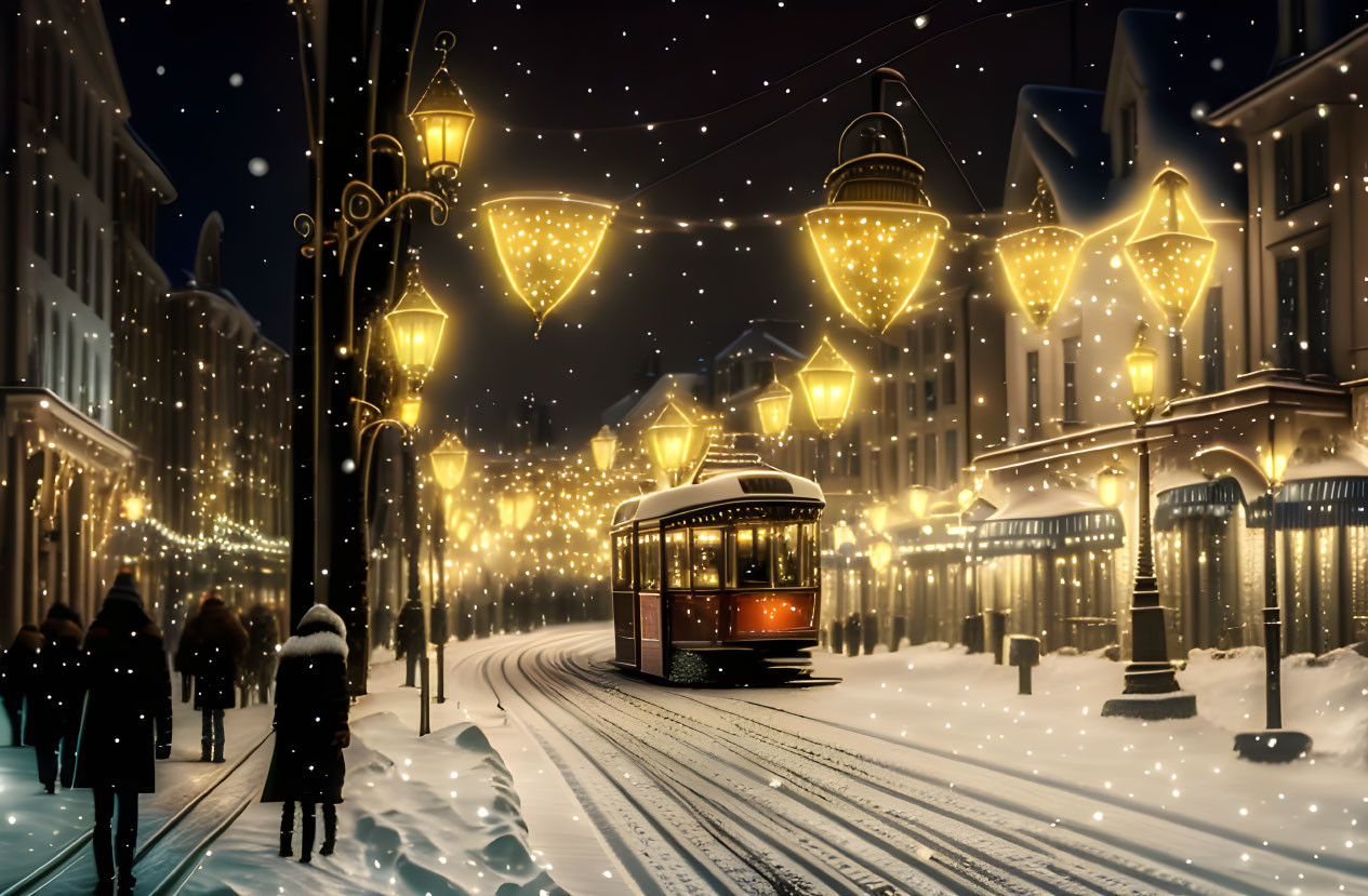 Snowy Night Street Scene with Vintage Tram and Festive Atmosphere