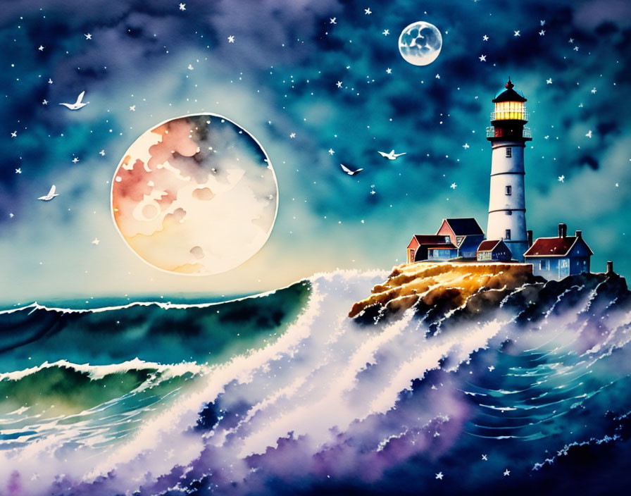 Lighthouse on Cliff Watercolor Painting with Moon and Waves