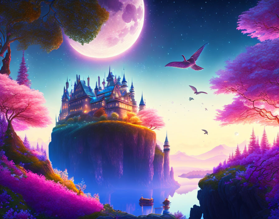 Majestic castle on cliff with pink trees, moon, birds, and purple sky