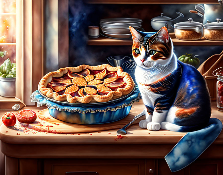 Colorful Cat with Fresh Pie on Kitchen Counter