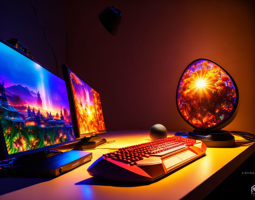 Gaming setup with dual monitors, RGB peripherals, and glowing orb under orange ambient lighting
