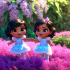 Two animated characters in blue dresses among pink flowers, one gesturing excitedly