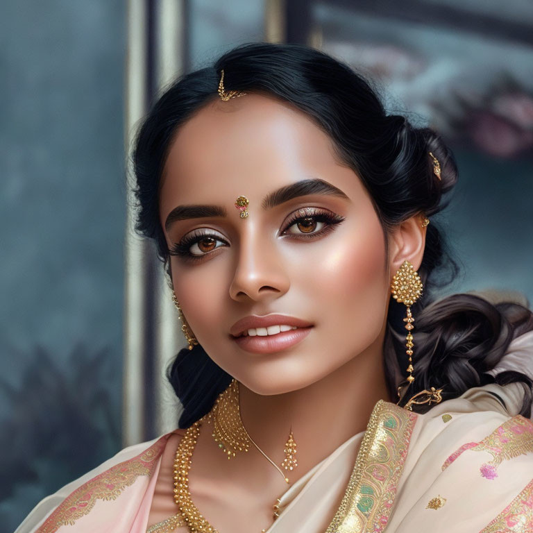 Traditional woman adorned with gold jewelry and makeup in pensive gaze.