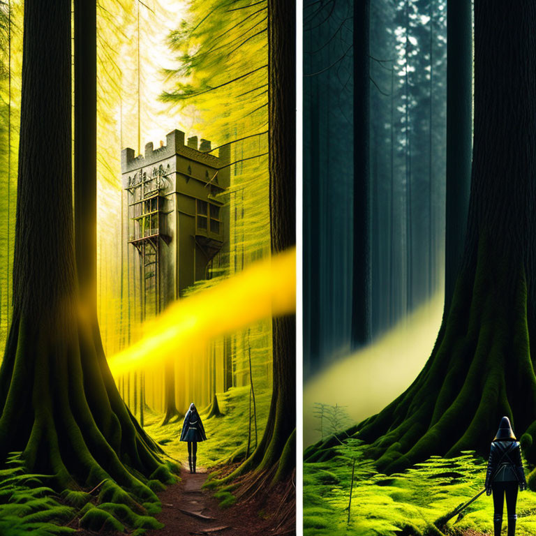Split forest image: treehouse in light vs. cloaked figure in mist