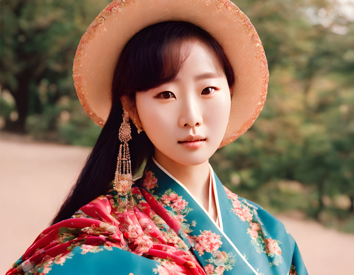 Traditional Korean woman in hanbok with ornate hat and earrings, outdoors with trees.