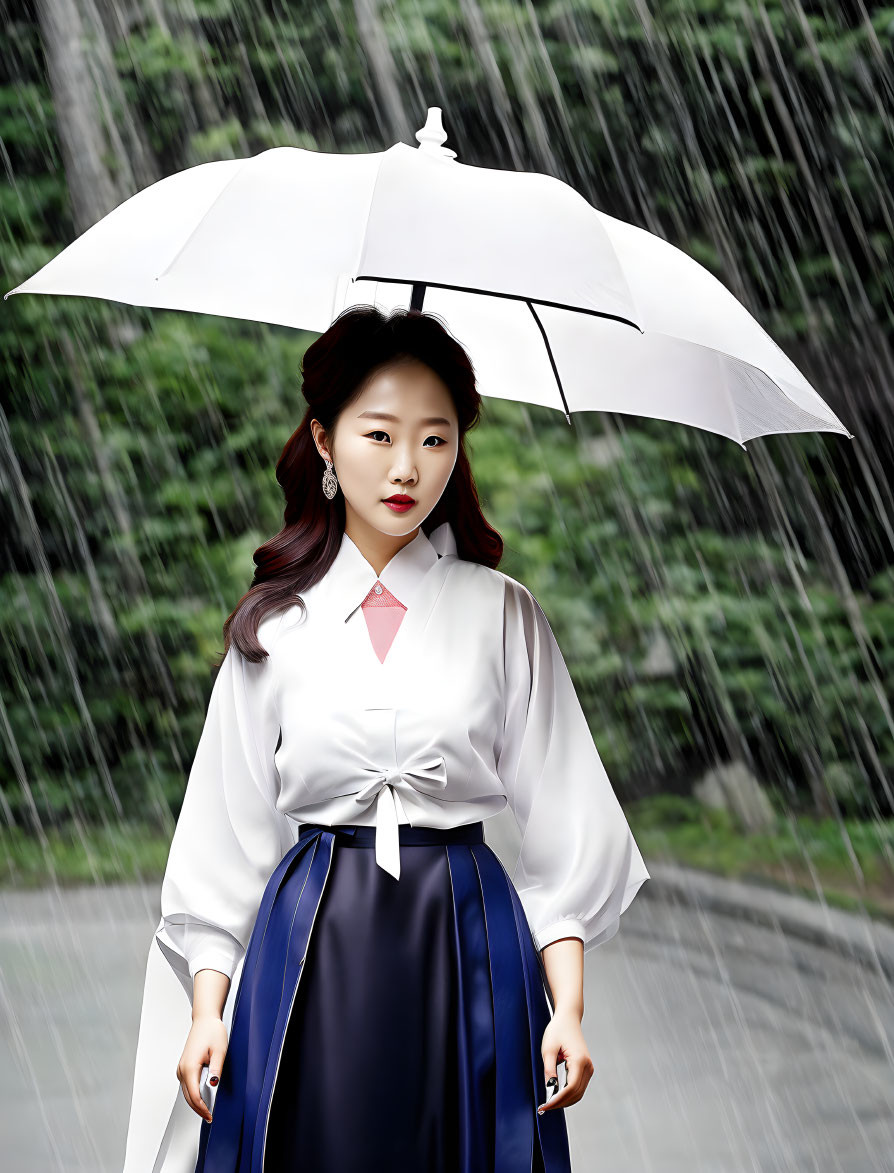 Woman in Korean traditional dress with white umbrella in rainstorm