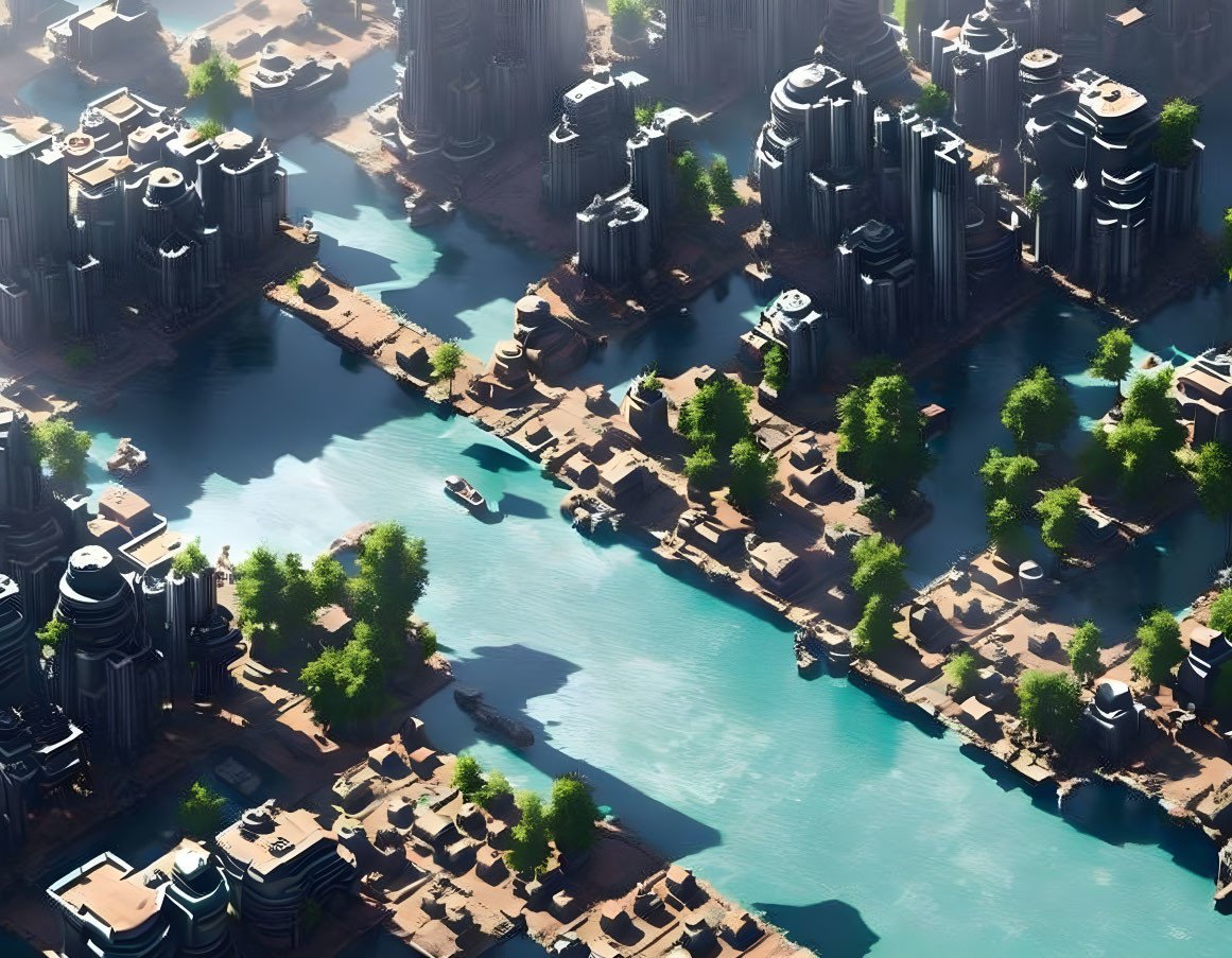 Futuristic cityscape with skyscrapers, waterways, and greenery